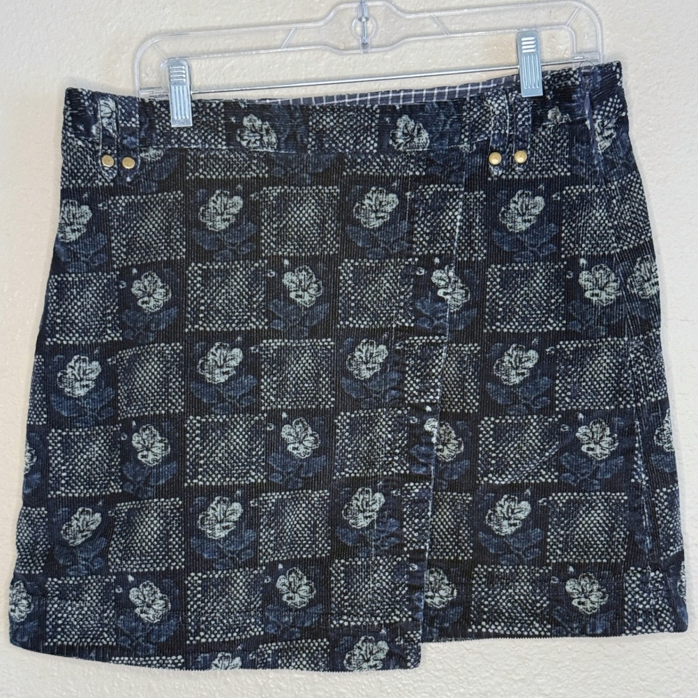 Anthropologie Pilcro Boho Floral Patchwork Corduroy Faux Wrap Mini Skirt Navy 14